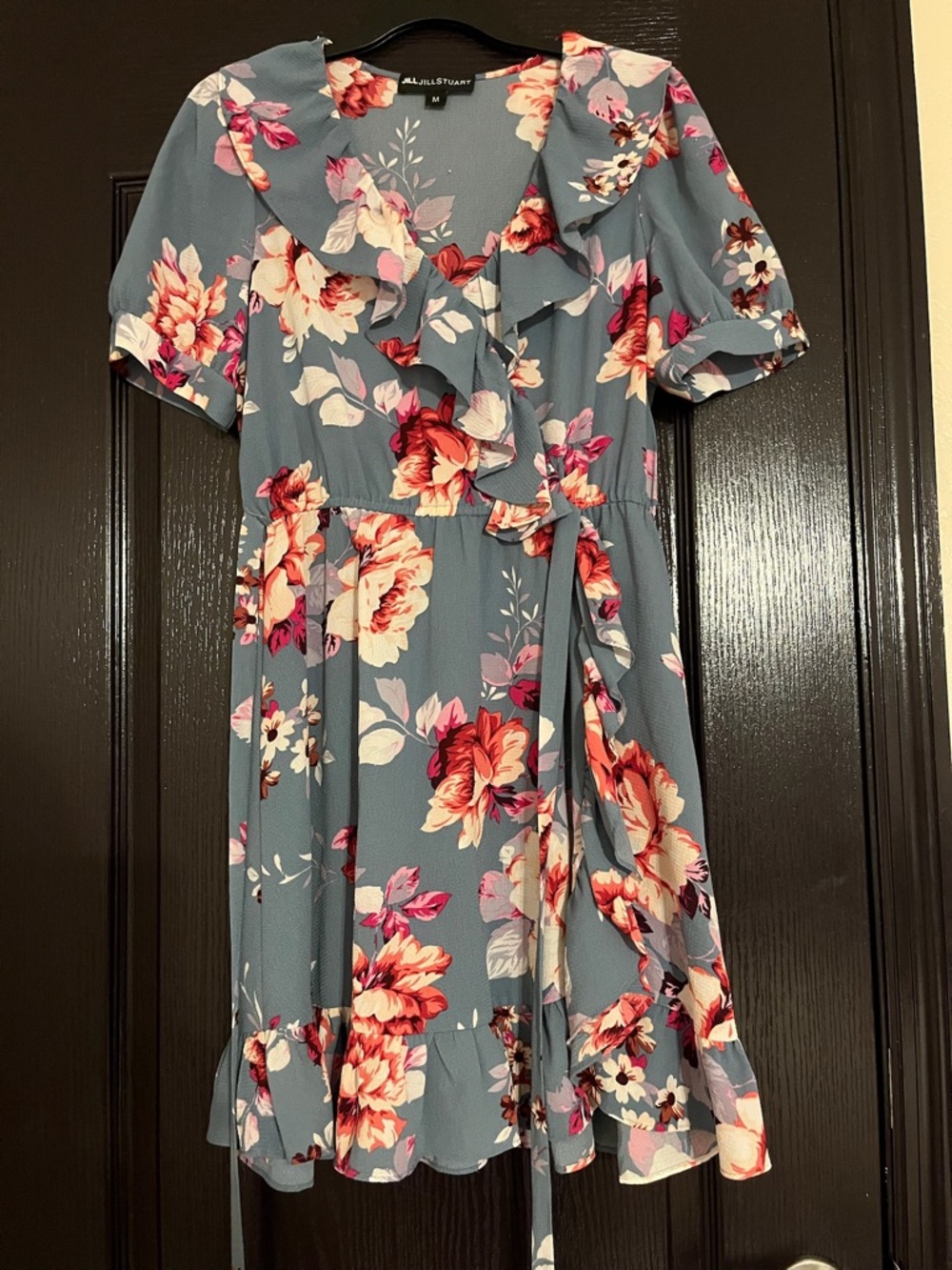 Floral Ruffle Wrap Dress in Dusty Blue